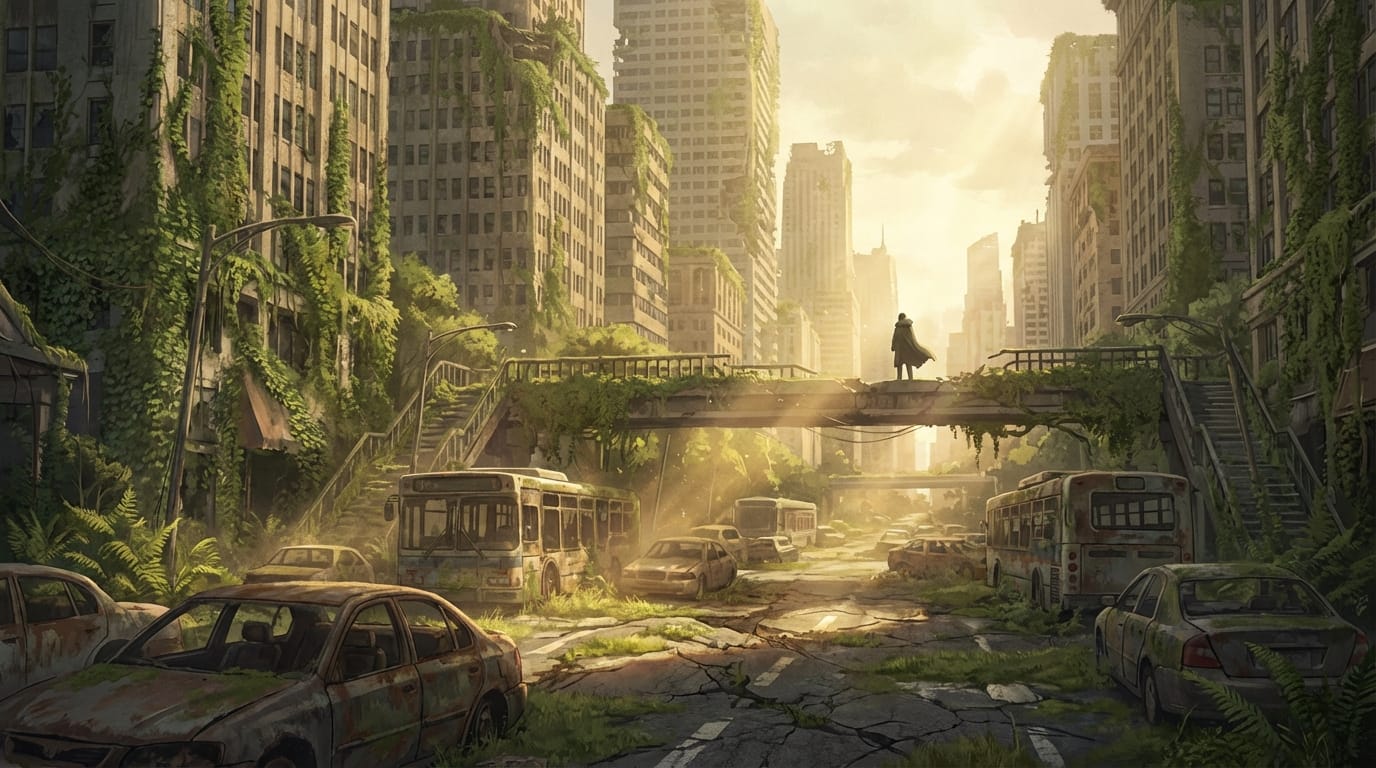 anime style, post-apocalyptic ruined city, overgrown with lush green plants, rusted cars on cracked asphalt, sunlight streaming through broken buildings, floating dust, highly detailed, serene atmosphere