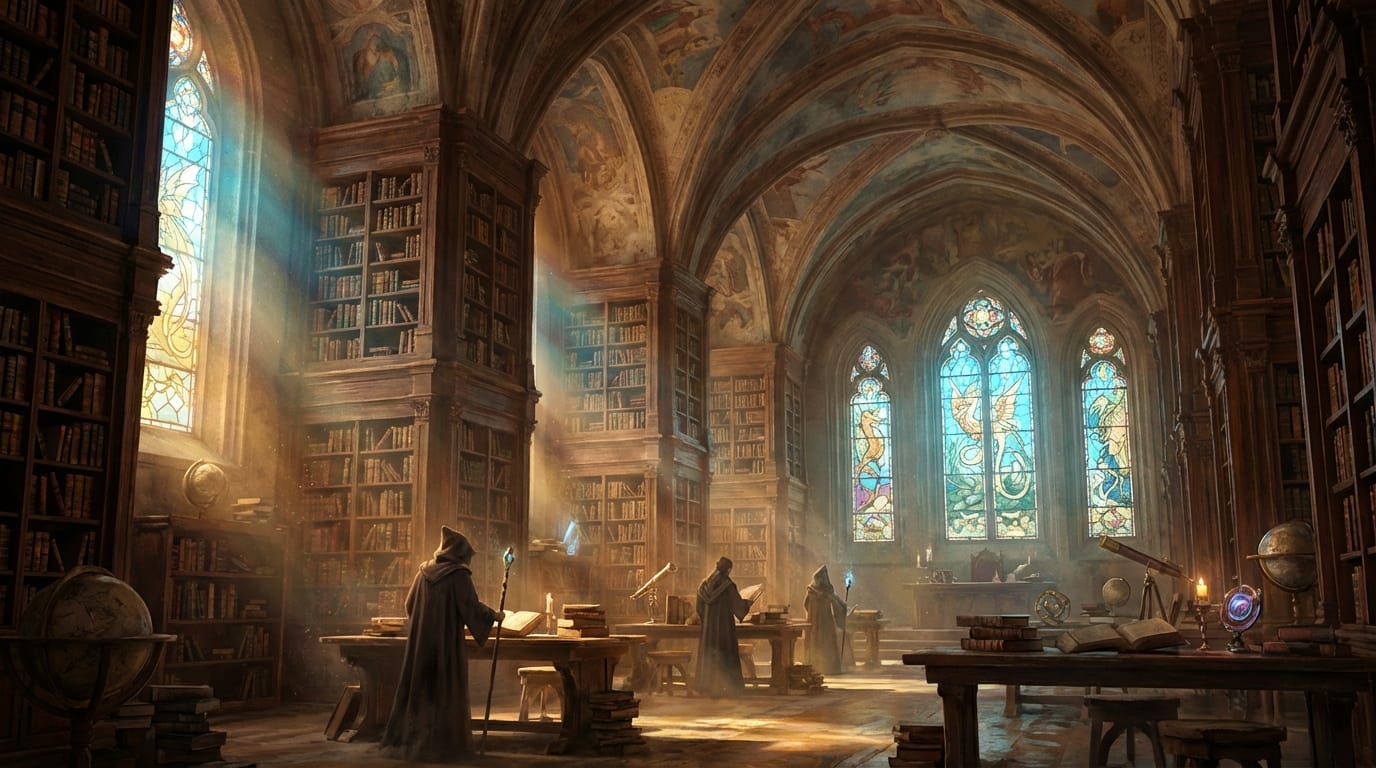 ファンタジー世界にある古い図書館の内部、高い天井まで届く本棚、ステンドグラスから差し込む神秘的な光、埃が舞う空気感、シネマティックな照明、高解像度、コンセプトアート --v 6.0