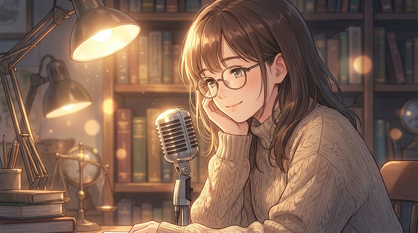 繊細で緻密なアニメ調表現、マイクに向かって優しく微笑む女性キャラクター、温かみのある室内照明、高解像度、美しい光の反射、コンセプトアート --ar 1:1 --v 6.0 --iw 1.5