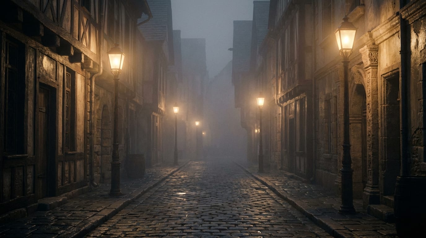 霧に包まれた中世ヨーロッパ風の石畳の路地、ガス灯の淡い光、夜の静寂、実写的なリアルさ、高精細なディテール、ゲーム用背景素材 --ar 16:9 --v 6.0