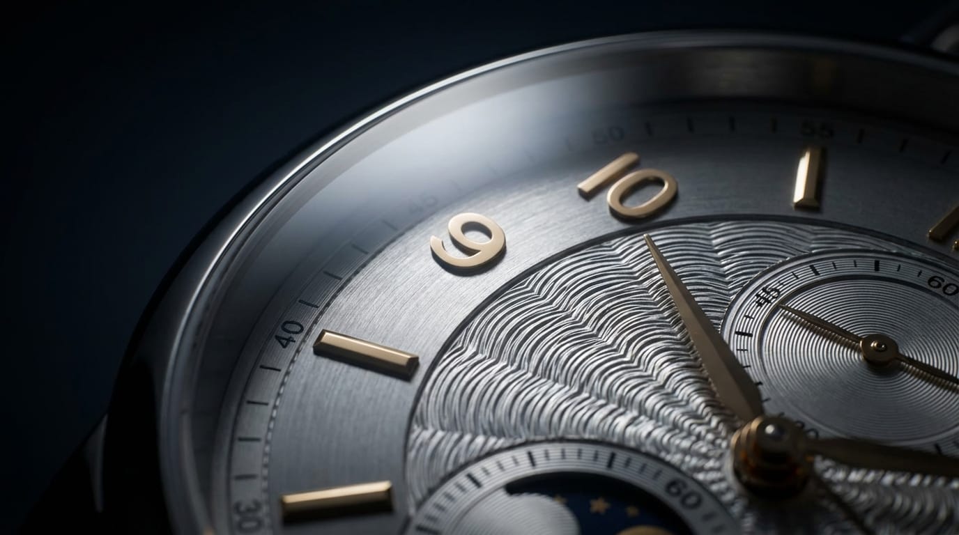 高級な腕時計の文字盤に光が反射しながらカメラがゆっくりと回転するマクロ撮影、金属の精緻な質感とエッジがクリアな描写、ダークな背景、ドラマチックなスポットライト照明、滑らかな動き