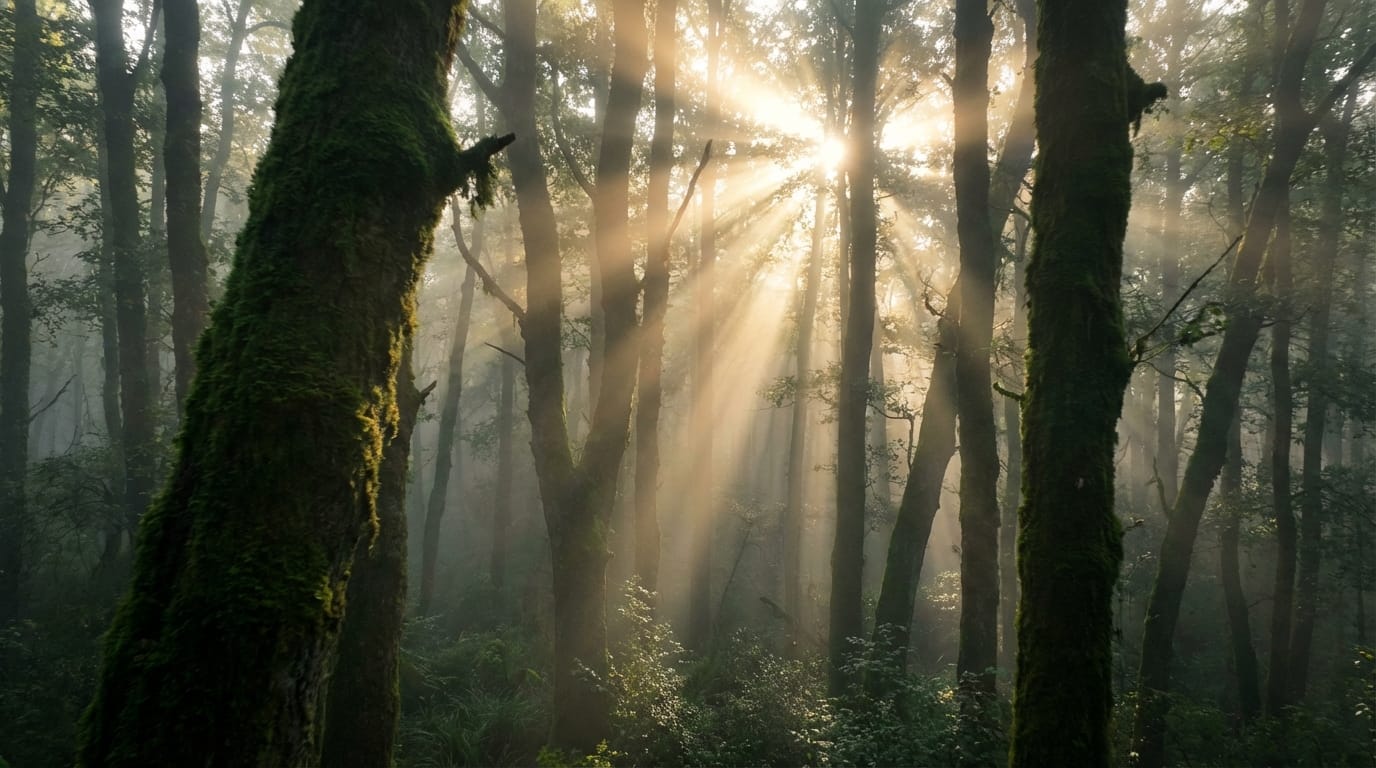 霧に包まれた深い森の中をドローンで空撮した映像、木々の間から差し込む朝日の光芒、カメラが木々の間を滑らかにすり抜けて前進する、映画のオープニングシーンのような重厚な雰囲気、高解像度