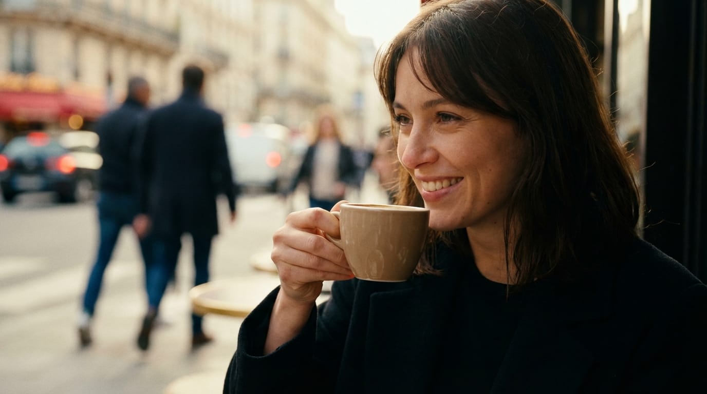 カフェのテラス席で微笑みながらコーヒーカップを持ち上げる女性、自然で滑らかな手の動き、柔らかな自然光、背景の通行人がわずかにボケて動いている、被写界深度（ボケ量）が浅い、映画のようなカラーグレーディング