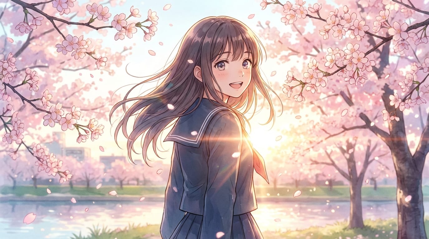桜の花びらが風に舞う中を振り返る制服姿の学生、スローモーション、逆光による美しいシルエットとレンズフレア、表情の表現力が豊か、滑らかなカメラのトラッキングショット、繊細なアニメ調表現