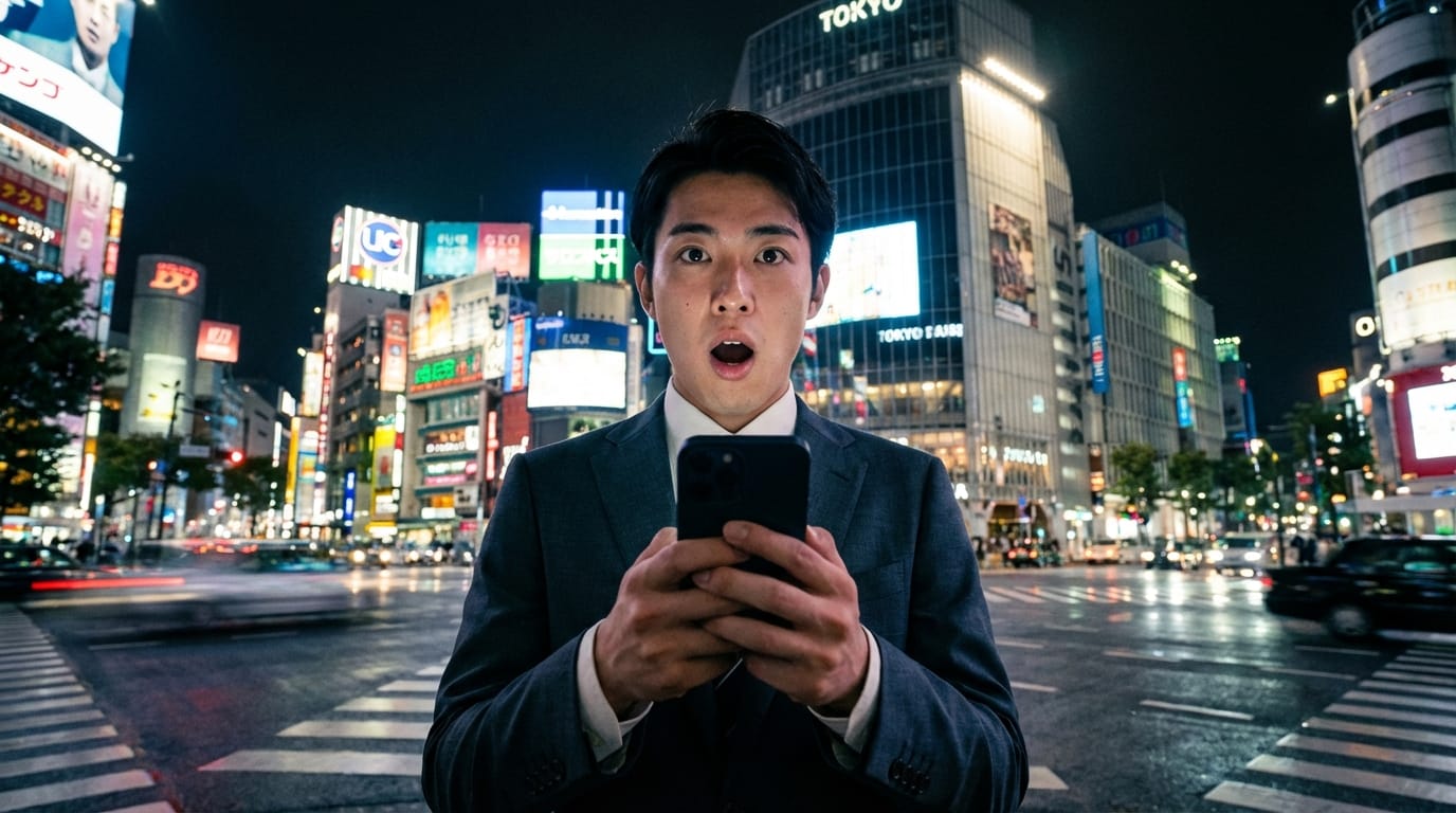 都会の夜景を背景に、スーツ姿の若い男性がスマートフォンを見つめながら驚いた表情を浮かべ、ゆっくりとカメラの方へ顔を上げる。