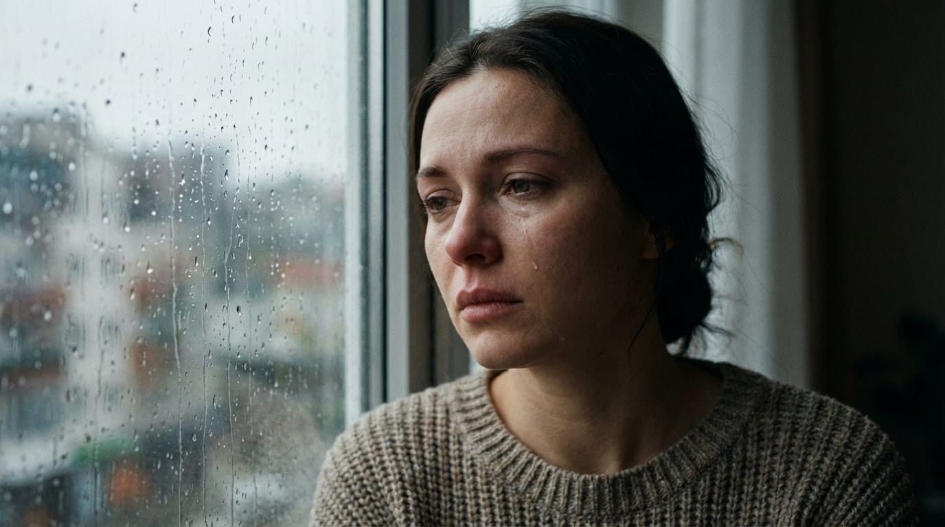 （参照画像を使用）窓の外を眺めていた女性が、ふと悲しげな表情に変わり、わずかに伏し目がちになる。被写界深度（ボケ量）は浅め。