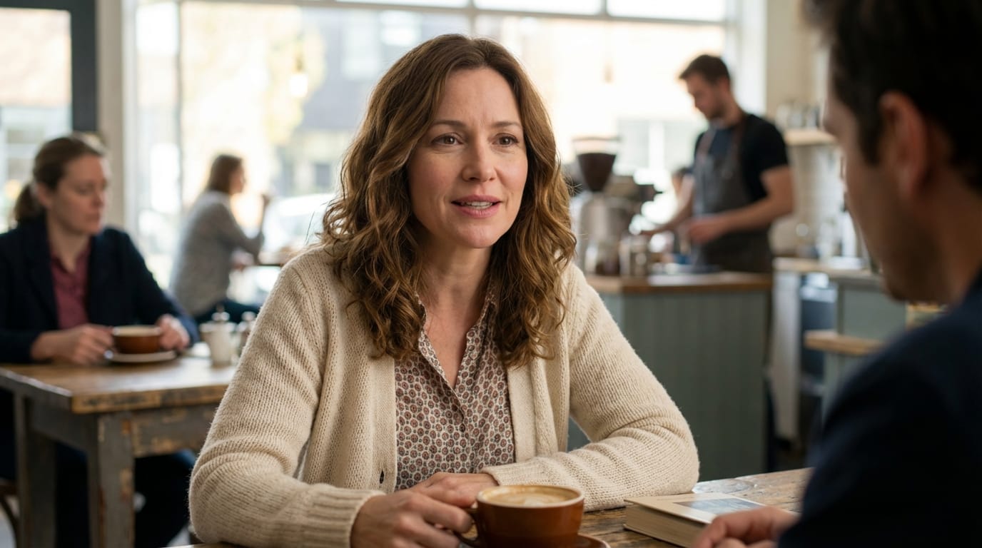 （参照画像を使用）この女性キャラクターが、カフェの席に座ったままカメラに向かって微笑み、静かに語りかけるように口を動かす。