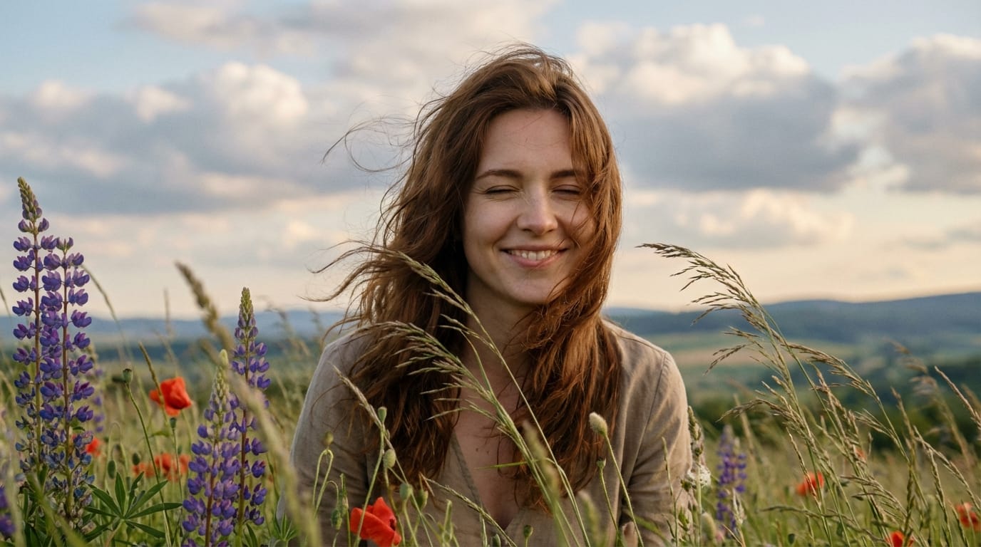 画像のキャラクターが優しく微笑み、ゆっくりと瞬きをする。背景の雲が風に流れていき、手前の草花がそよ風で揺れている。自然で滑らかな動き。