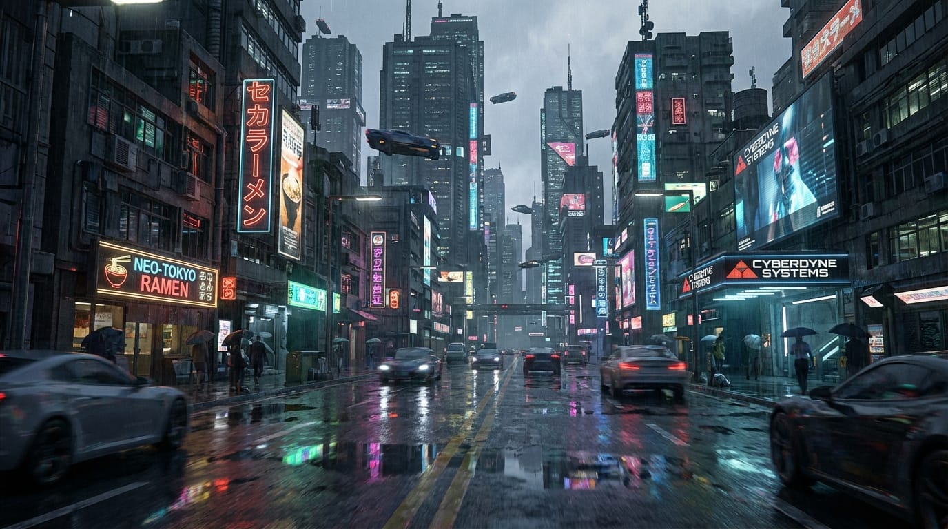 A highly detailed cinematic shot of a futuristic cyberpunk city with neon lights reflecting on wet asphalt, slow forward camera movement, 1080p, photorealistic.