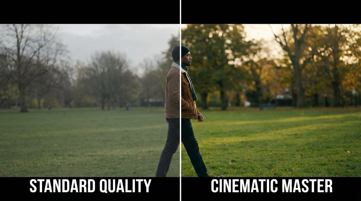 A split screen showing a standard quality video frame on the left and a high-end cinematic, highly detailed master quality video frame on the right, demonstrating the difference in visual fidelity.