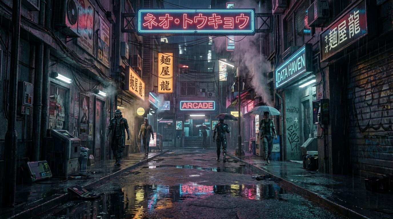 ネオンライトが輝く近未来のサイバーパンク都市。雨で濡れたアスファルトに光が反射している。カメラはゆっくりと前進し、路地裏のディテールを映し出す。映画のような高品質な映像。