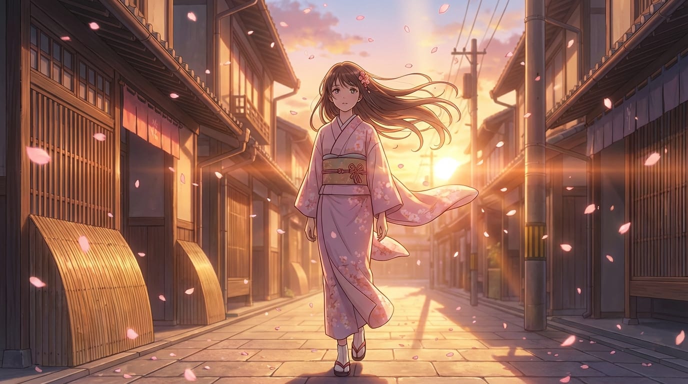桜が舞い散る日本の伝統的な街並みを歩く、繊細で緻密なアニメ調表現の少女。夕暮れの温かい光が差し込み、風で髪が自然に揺れている。シネマティックなライティング。