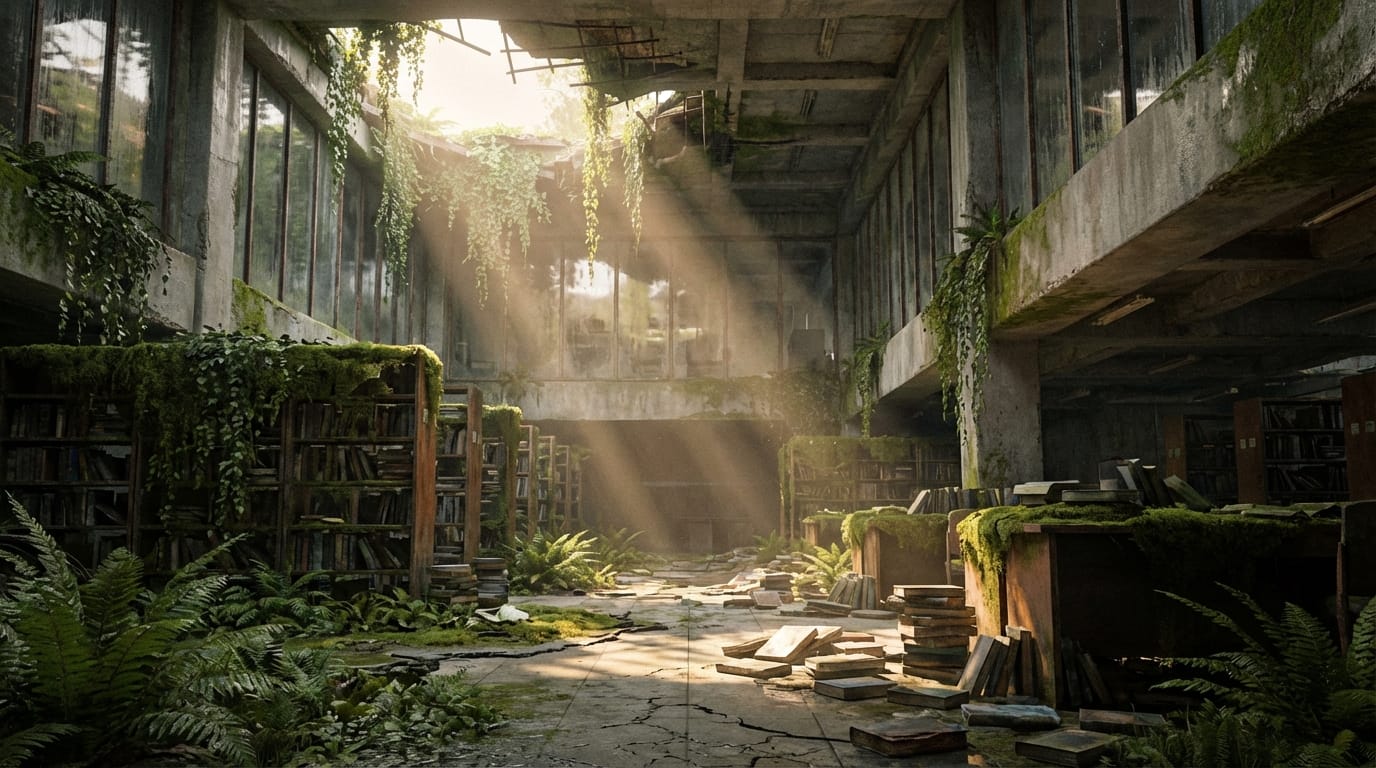 cinematic wide angle shot of an abandoned modern library, interior overgrown with dense ferns and moss, books scattered on the floor, soft morning sunlight piercing through a collapsed roof, highly detailed, realistic textures, volumetric lighting, photorealistic