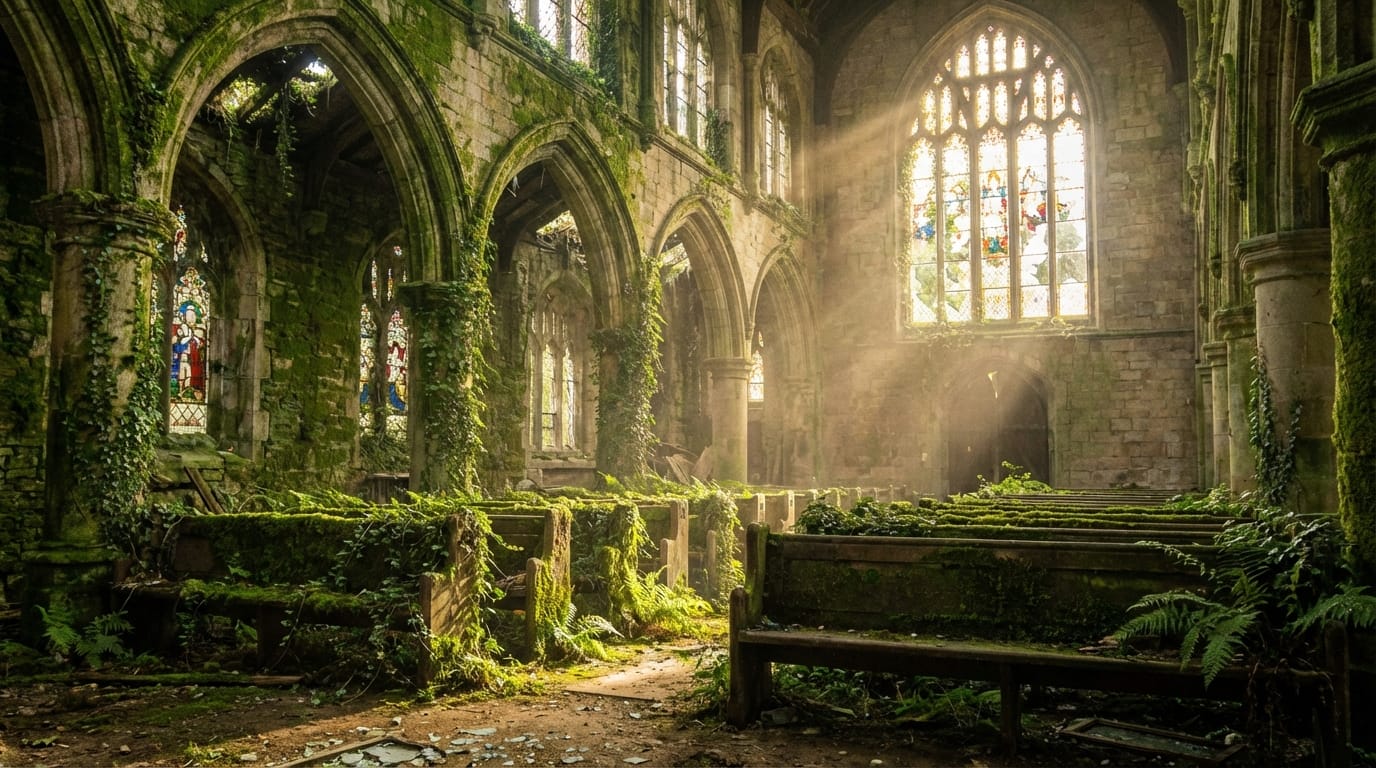 cinematic photography of an abandoned gothic church, overgrown with lush green moss and ivy, sunlight streaming through broken stained glass windows, dust motes in the air, highly detailed, realistic texture, 8k resolution, photorealistic
