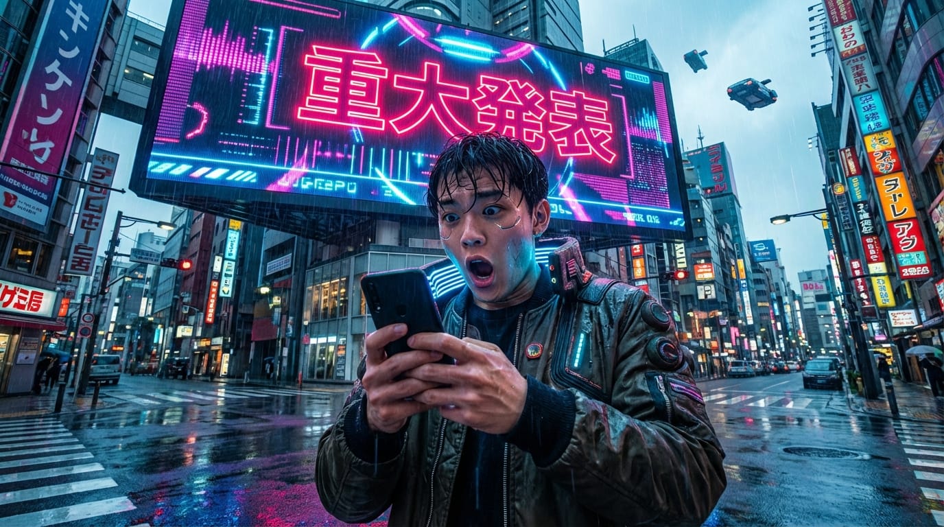 ネオンが輝くサイバーパンク風の東京の街角で、驚いた表情でスマートフォンを見つめる若者。背景の巨大な看板には「重大発表」という文字がはっきりとネオンサインで描かれている。鮮やかな色彩と極端なローアングルからのダイナミックな構図。