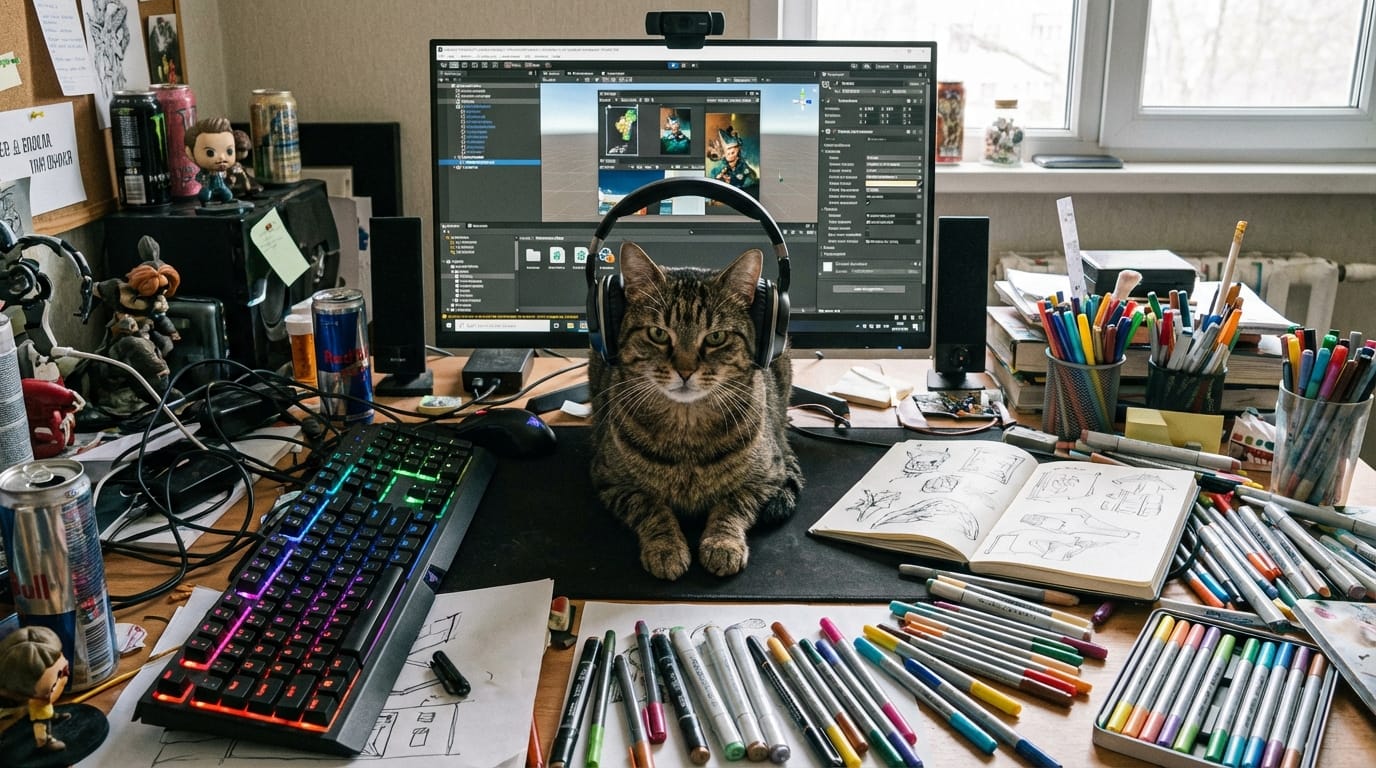 散らかったクリエイターのデスク。左側には光るゲーミングキーボード、右側にはスケッチブックと複数のカラーペンが散乱している。中央でヘッドホンをした猫が真剣な表情でモニターを見つめている。情報量が多く、ディテールのシャープな描写。