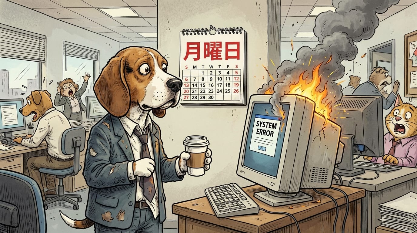 オフィスでパソコンから煙が出ているのを見て、コーヒーカップを持ったまま呆然としているスーツ姿の犬。コミカルで少し風刺の効いたカートゥーン調の表現。壁のカレンダーには赤字で「月曜日」と書かれている。