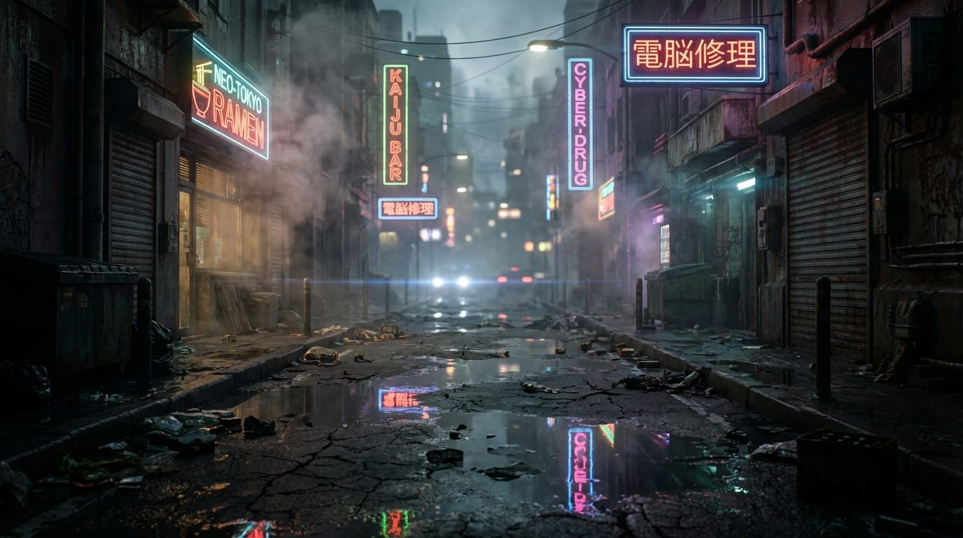荒廃した近未来の都市の路地裏、ネオンサインの光が濡れた路面の水たまりに反射している、シネマティックライティング、アンナモルフィックレンズ、被写界深度（ボケ量）が深い、スモークと霧、超高精細、8k