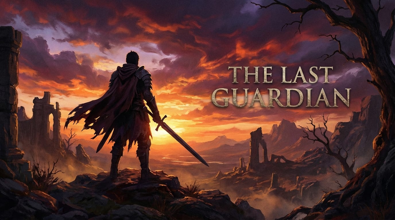 夕暮れの荒野に立つ孤独な戦士のシルエット、逆光、ドラマチックな空、映画のキービジュアル、重厚な塗り、コンセプトアート、実写的なリアルさ --iw 1.5