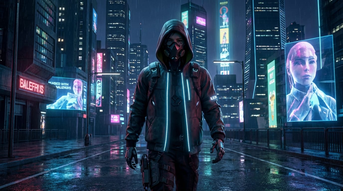 映画のような照明、近未来の都市を歩くサイバーパンク風のキャラクター、高品質な3DCGアニメーションスタイル、滑らかなカメラトラッキング