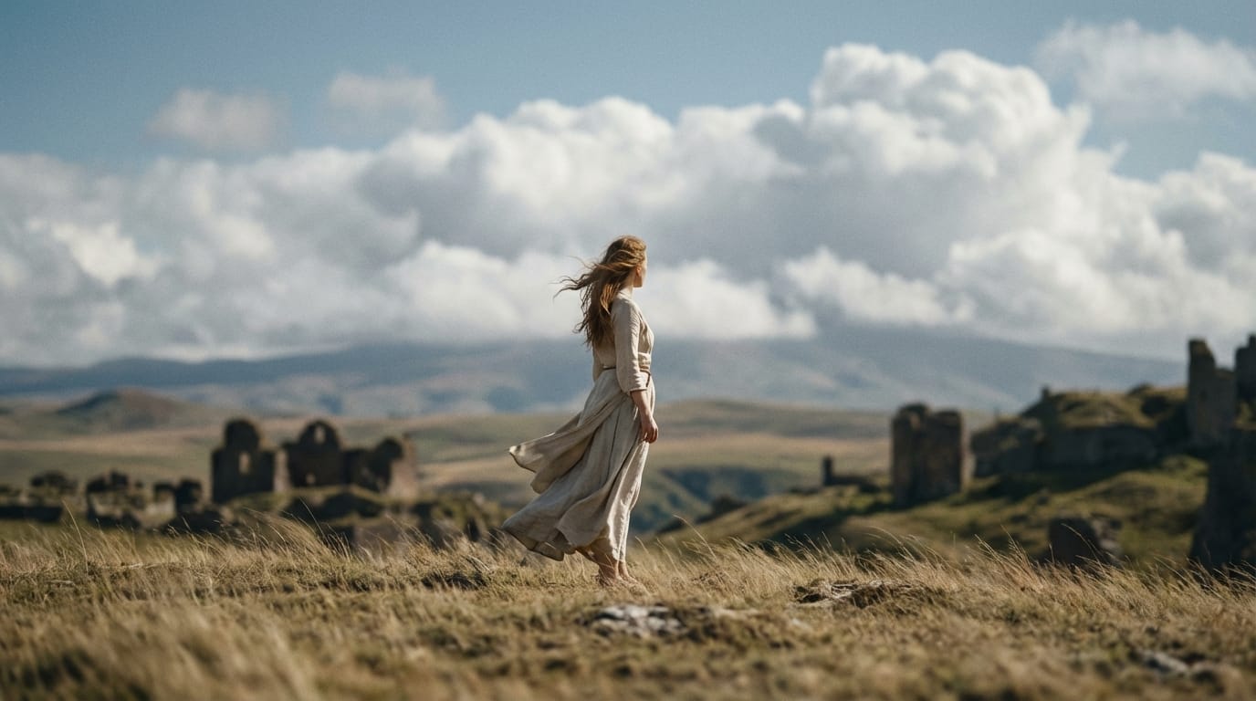 カメラがゆっくりと前進、キャラクターの髪と衣服が風で優しく揺れる、背景の雲がゆっくりと流れる、被写界深度（ボケ量）を維持