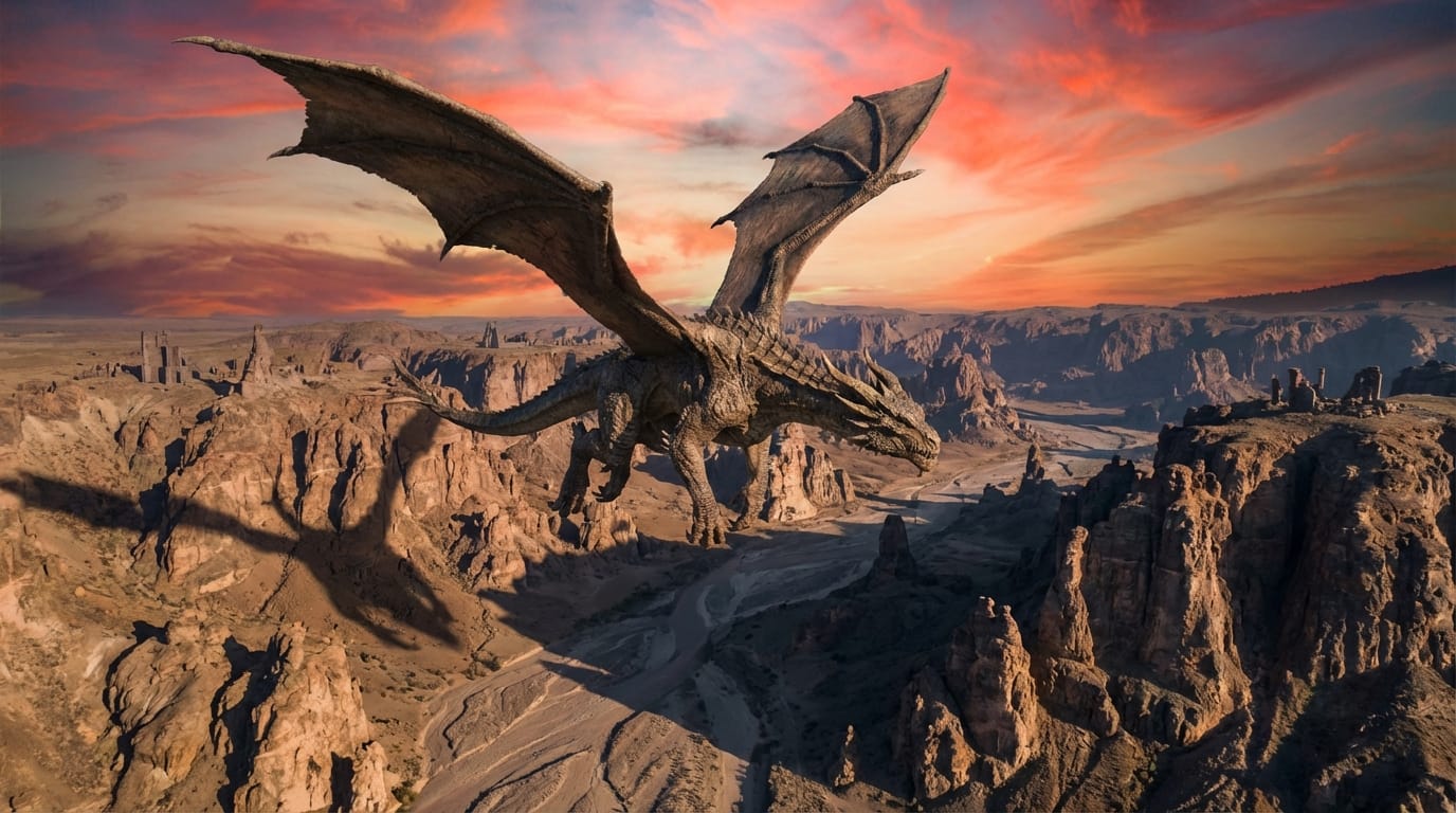 広大なファンタジー世界、夕暮れ時の荒野を飛ぶ巨大なドラゴン、ドローンによる空撮ショット、実写的なリアルさ、壮大なスケール感
