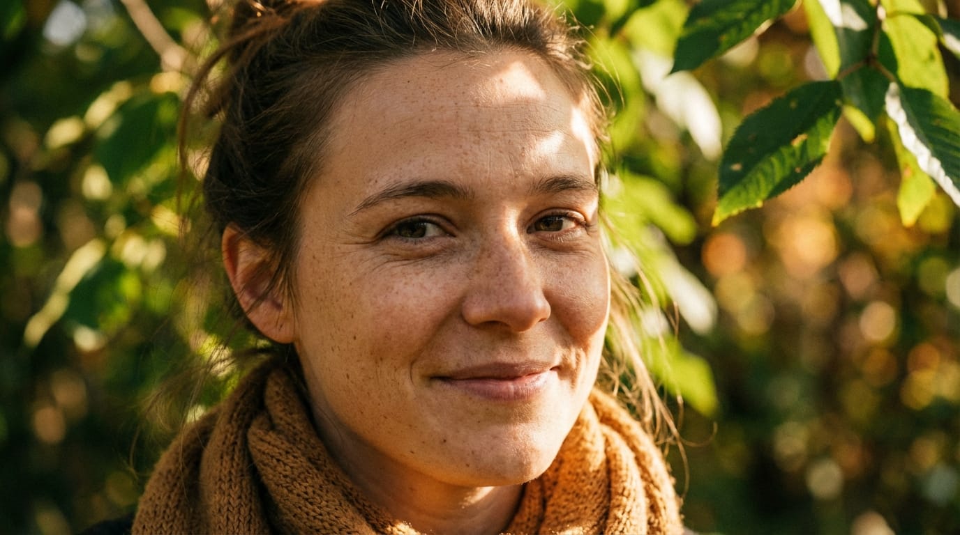 Photorealistic close-up shot of a young woman with natural skin texture, gentle sunlight filtering through leaves, soft bokeh background, shot on 85mm lens, cinematic color grading