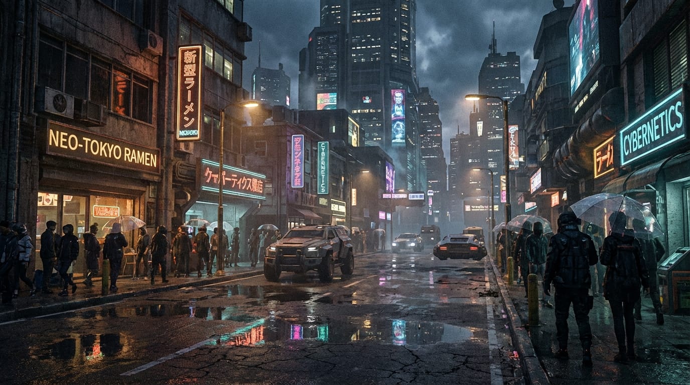 A highly detailed photorealistic video still of a bustling cyberpunk city street at night, neon lights reflecting on wet pavement, cinematic lighting, 8k resolution, realistic textures