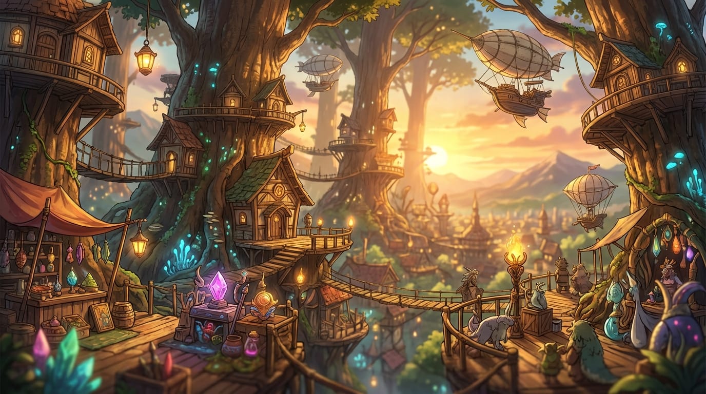 美しいファンタジー世界の巨大な樹上都市、夕暮れ時の柔らかな光、アニメ調ならではの光の表現、背景の小道具まで緻密に描写、被写界深度、高品質なコンセプトアート、傑作 --ar 16:9 --niji 6