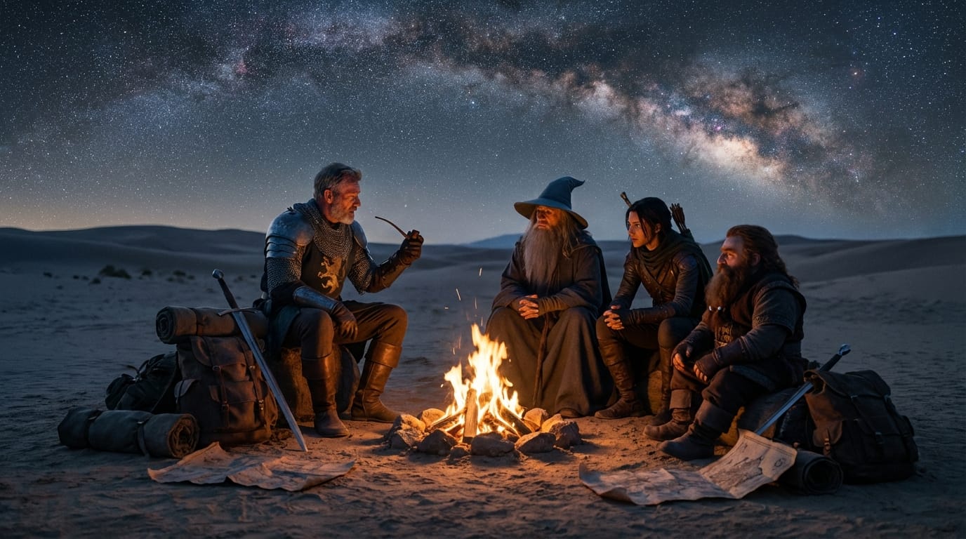 荒野を旅する冒険者のパーティ、キャンプファイヤーを囲む、星空、静かな夜の空気感、物語性の提示、シネマティックなライティング --ar 16:9 --niji 6 --sref [画像URL]