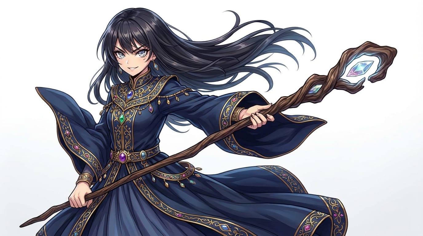 魔法使いの少女の全身立ち絵、精巧な装飾が施されたローブ、杖を持つ、風になびく髪、表情のダイナミズム、目の描写がシャープ、アニメのキャラクターデザイン、白背景 --ar 3:4 --niji 6