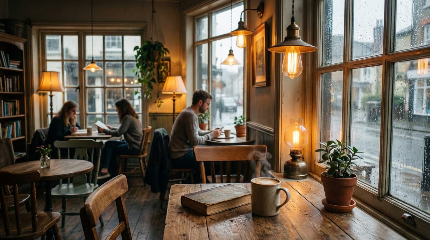 A cozy cafe interior on a rainy day, condensation on the glass windows, warm ambient light from vintage lamps, a steaming cup of coffee on a wooden table, lofi aesthetic, highly detailed, relaxing and peaceful vibe.