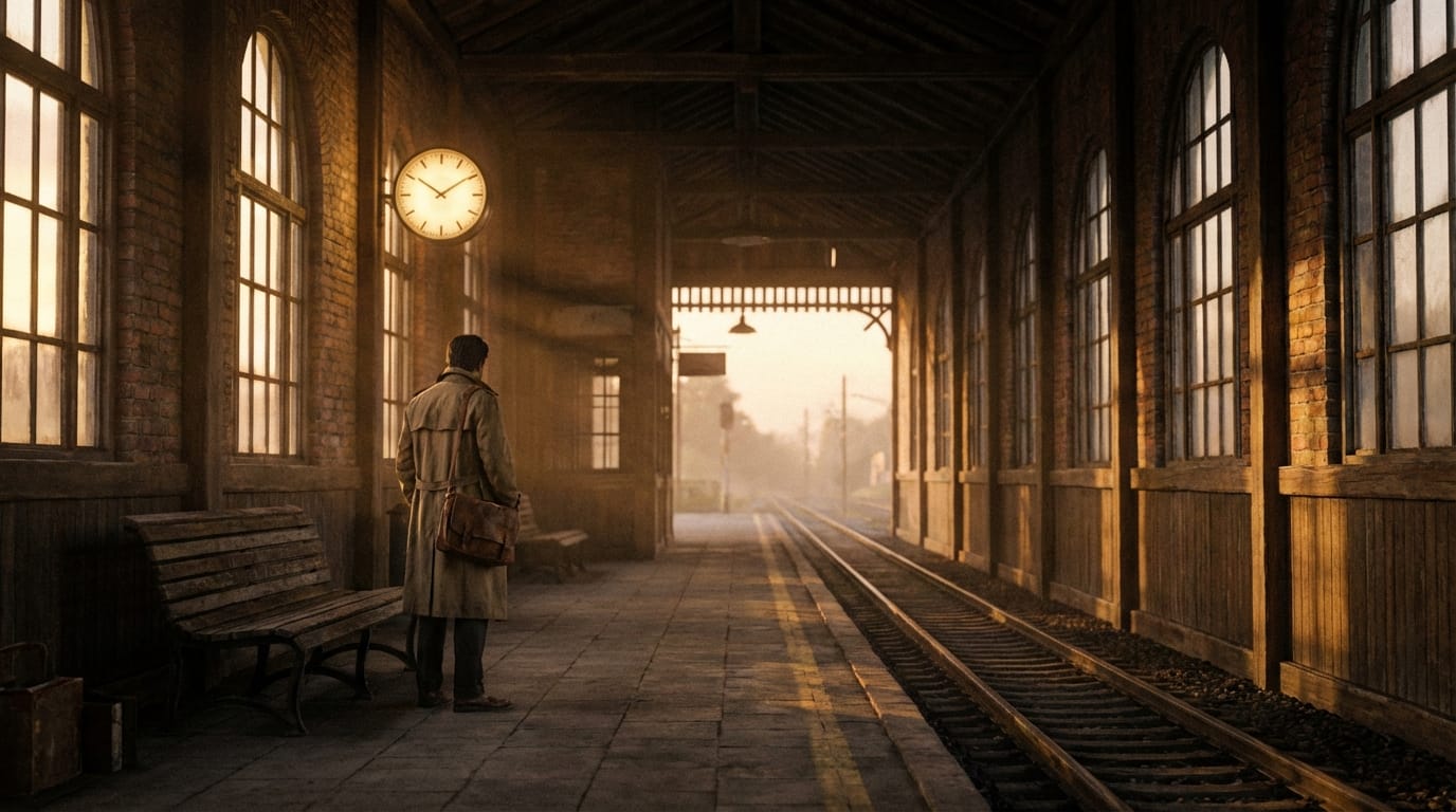 Cinematic shot of a quiet train station at dusk, soft golden hour sunlight filtering through the dust, a lone figure standing on the platform, highly detailed, nostalgic and melancholic atmosphere, 4k resolution, deep depth of field.