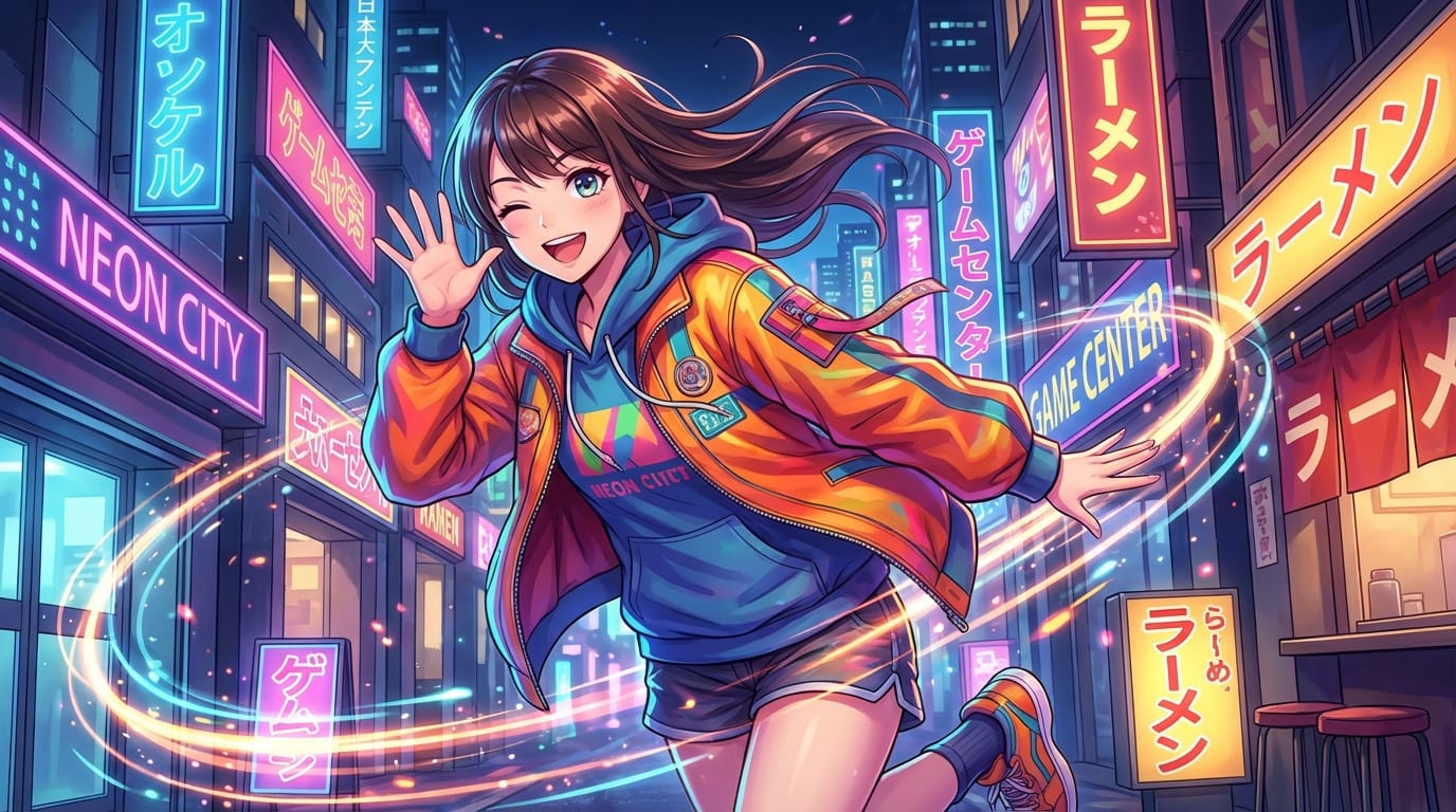 （参考画像を添付）このキャラクターがカメラに向かって手を振り、元気よくウインクをする。背景にはネオンサインが光り、キャラクターの動きに合わせて服の裾が自然に揺れる。アニメ調ならではの光の表現、滑らかな動き。