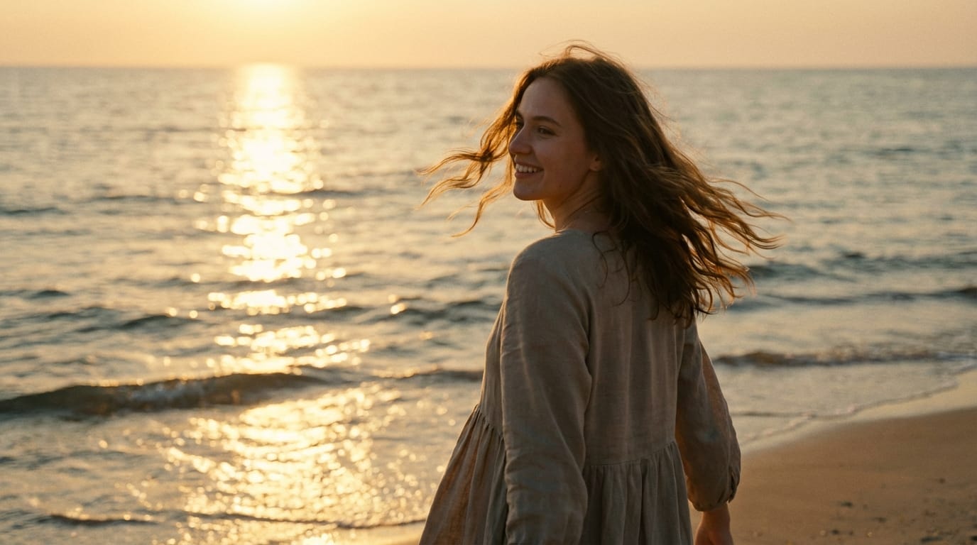 夕暮れの海辺を歩く若い女性。カメラは彼女の背中を追いかけ、振り返って微笑む。風で髪が自然に揺れ、夕日が水面に反射してキラキラと輝いている。シネマティックなライティング、高画質、1080p。