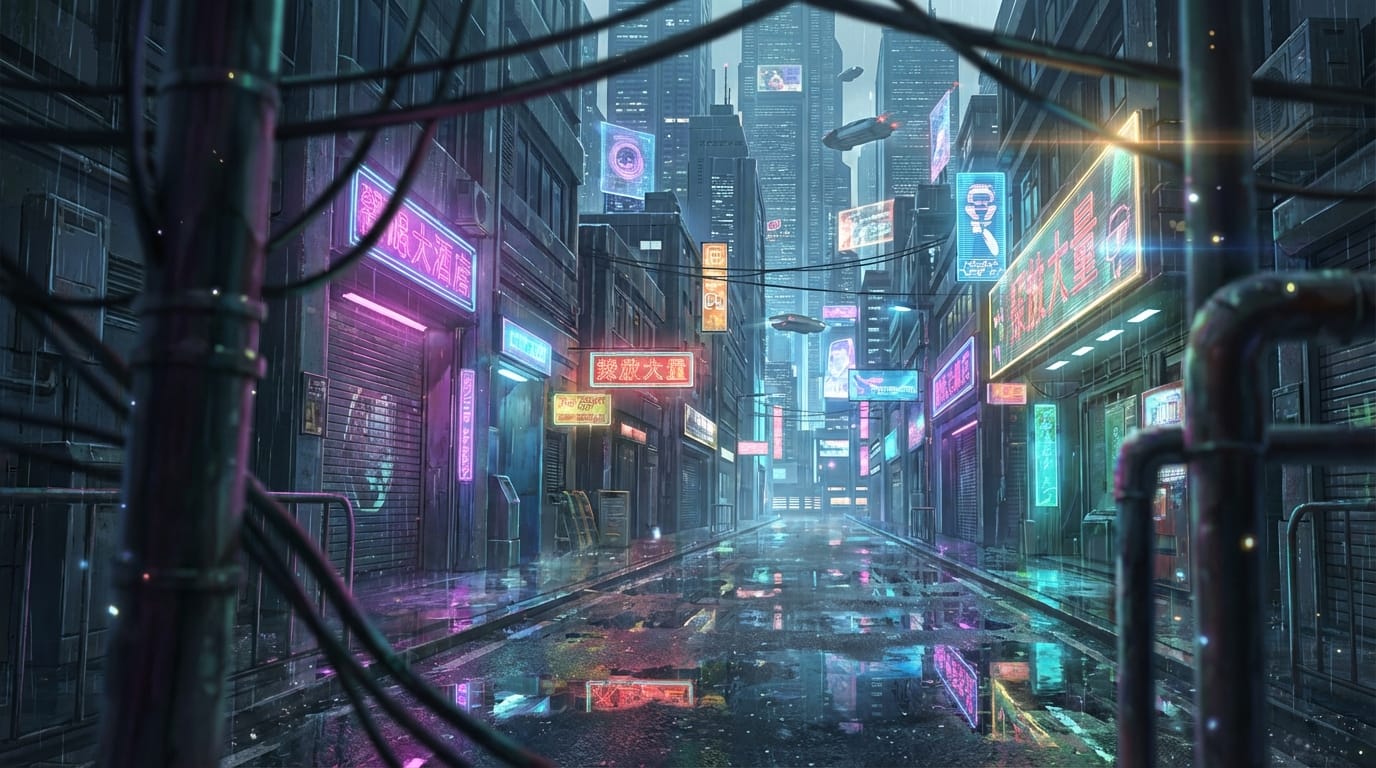 近未来都市の路地裏、雨上がりのアスファルト、ネオンサインの光の反射、サイバーパンク風の背景美術、手前のオブジェクトを使った前ボケ、被写界深度(ボケ量)の調整、アニメ調ならではの光の表現 --niji 6 --ar 16:9