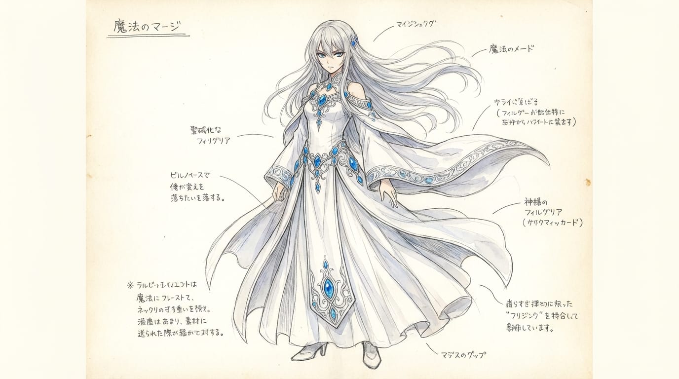 繊細で緻密なアニメ調表現、ファンタジー世界に登場する女性魔法使いのキャラクターデザイン、全身立ち絵、白いローブと青い宝石の装飾、風になびく銀髪、シャープな目の描写、白い背景、設定画スタイル --niji 6 --ar 3:4