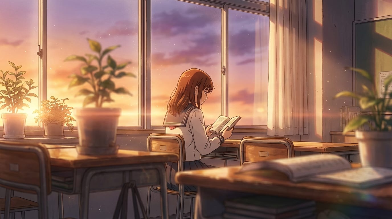 繊細で緻密なアニメ調表現、夕暮れの教室で窓際で本を読む学生、ノスタルジックな光の表現、手前のオブジェクトを使った前ボケ、高品質なセル画風
