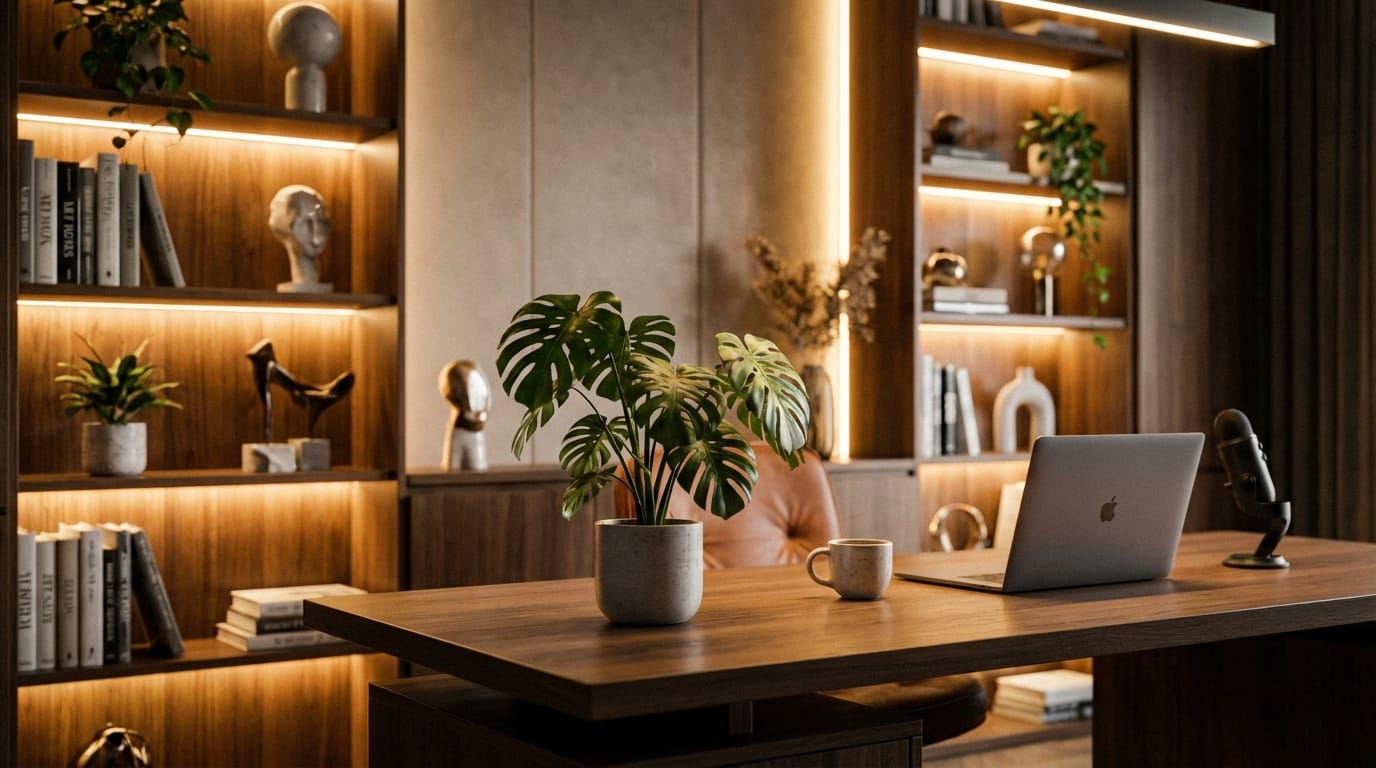 高級感のあるモダンな書斎、間接照明が本棚を照らしている、机の上には観葉植物とコーヒーカップ、YouTuberの配信用背景素材、ボケ味が美しい、シネマティックな雰囲気、4K、16:9