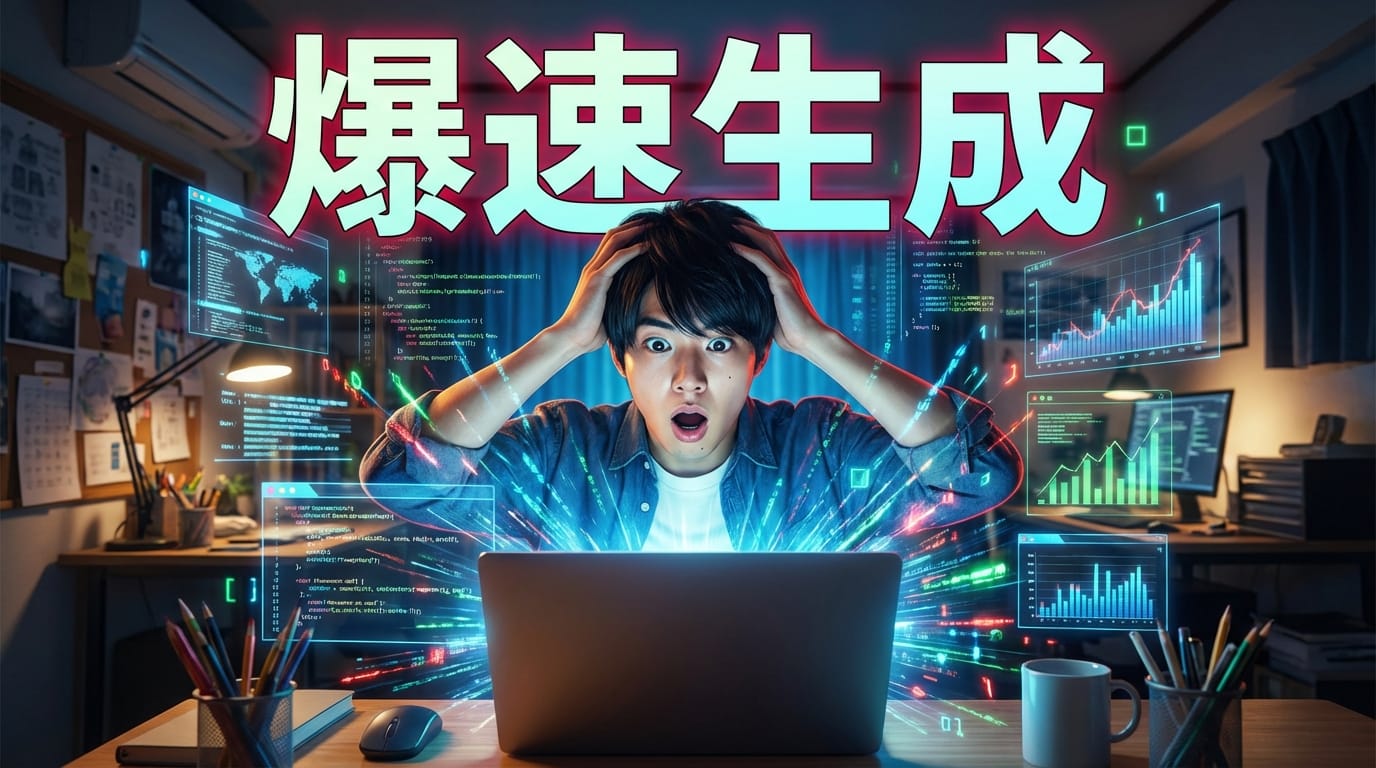 驚いた表情でノートパソコンの画面を見つめる若い日本人クリエイター、背景には光るデジタルデータのエフェクト、空中に「爆速生成」という太字の日本語テキストが浮かんでいる、YouTubeサムネイル風のレイアウト、鮮やかな色彩、16:9