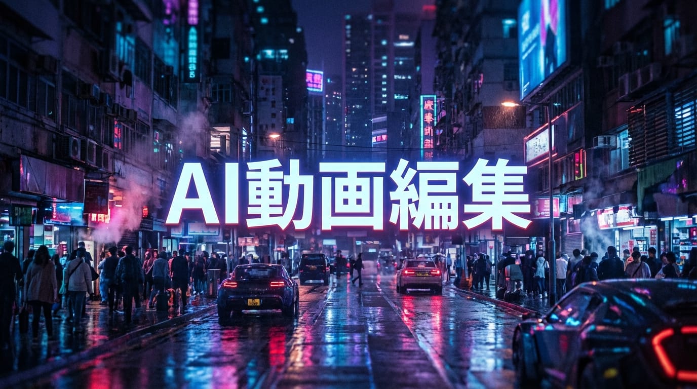 近未来のサイバーパンク都市の風景、ネオンサインには大きく「AI動画編集」と日本語で書かれている、映画のようなライティング、被写界深度（ボケ量）が浅い、16:9の比率、4K解像度、実写的なリアルさ