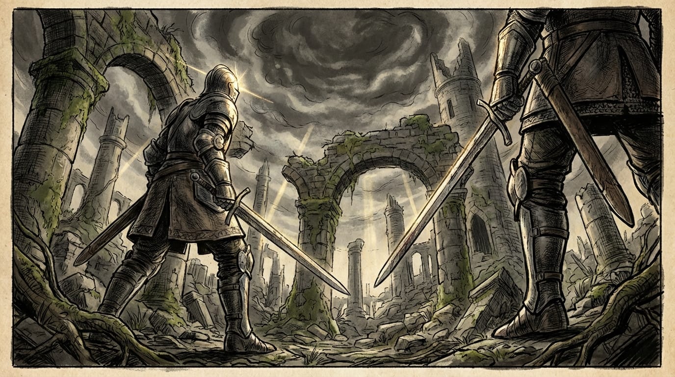 Rich hand-drawn style. Ruins in a devastated fantasy world. Two knights holding swords. The camera rises in a crane shot looking up from their feet, capturing the tense moment of confrontation. Clear edges on light reflections.