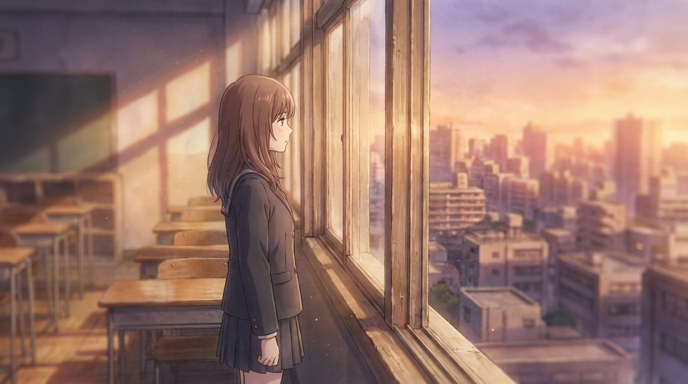 Delicate anime style. A girl in a school uniform standing by the window in a classroom at dusk. The camera slowly orbits around her profile, revealing the cityscape dyed in orange outside the window. Cinematic lighting, shallow depth of field, emotional atmosphere.