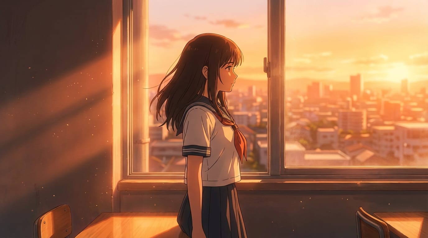繊細なアニメ調表現。夕暮れの教室、窓辺に立つ制服姿の少女。カメラは少女の横顔からゆっくりとオービット（旋回）し、窓の外のオレンジ色に染まる街並みを映し出す。シネマティックなライティング、被写界深度（ボケ量）を浅く設定し、エモーショナルな雰囲気。