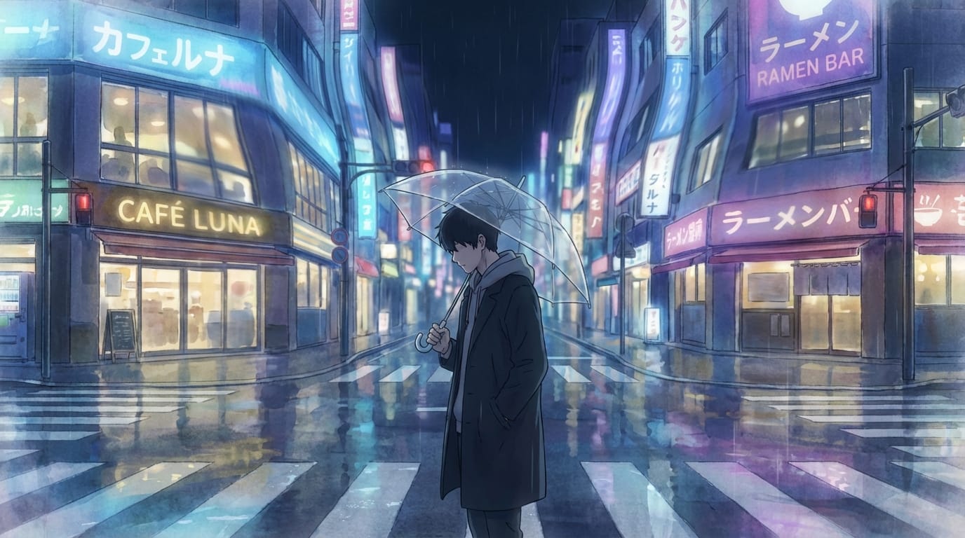 Delicate art style seen in recent popular works. An intersection on a rainy night. A young man looking down holding an umbrella. The camera uses a dolly zoom to emphasize the young man's loneliness and the distortion of the neon signs in the background. Fusion of realistic and anime styles.