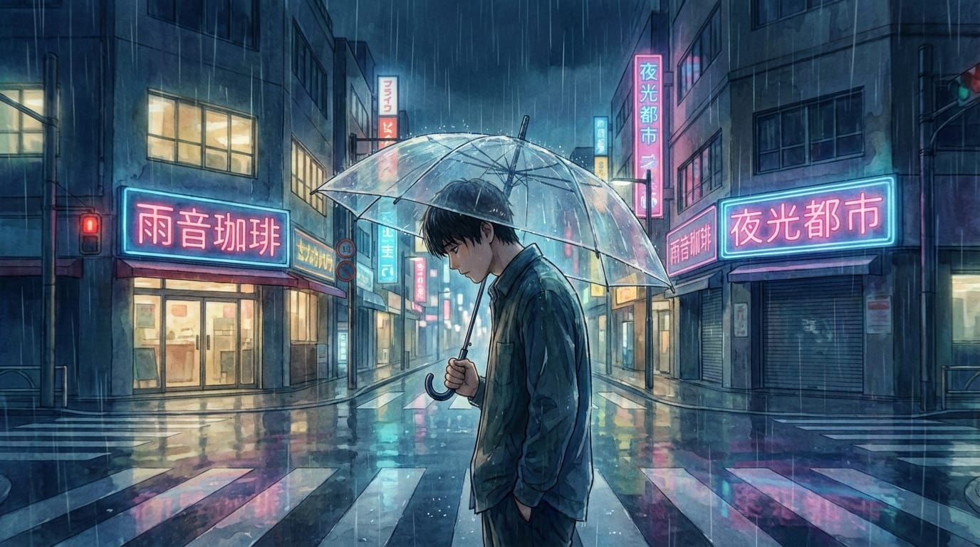 近年の人気作品に見られる繊細な画風。雨の降る夜の交差点。傘を差して俯く青年。カメラはドリーズームを使用し、青年の孤独感と背景のネオンサインの歪みを強調する。実写的なリアルさとアニメ調の融合。