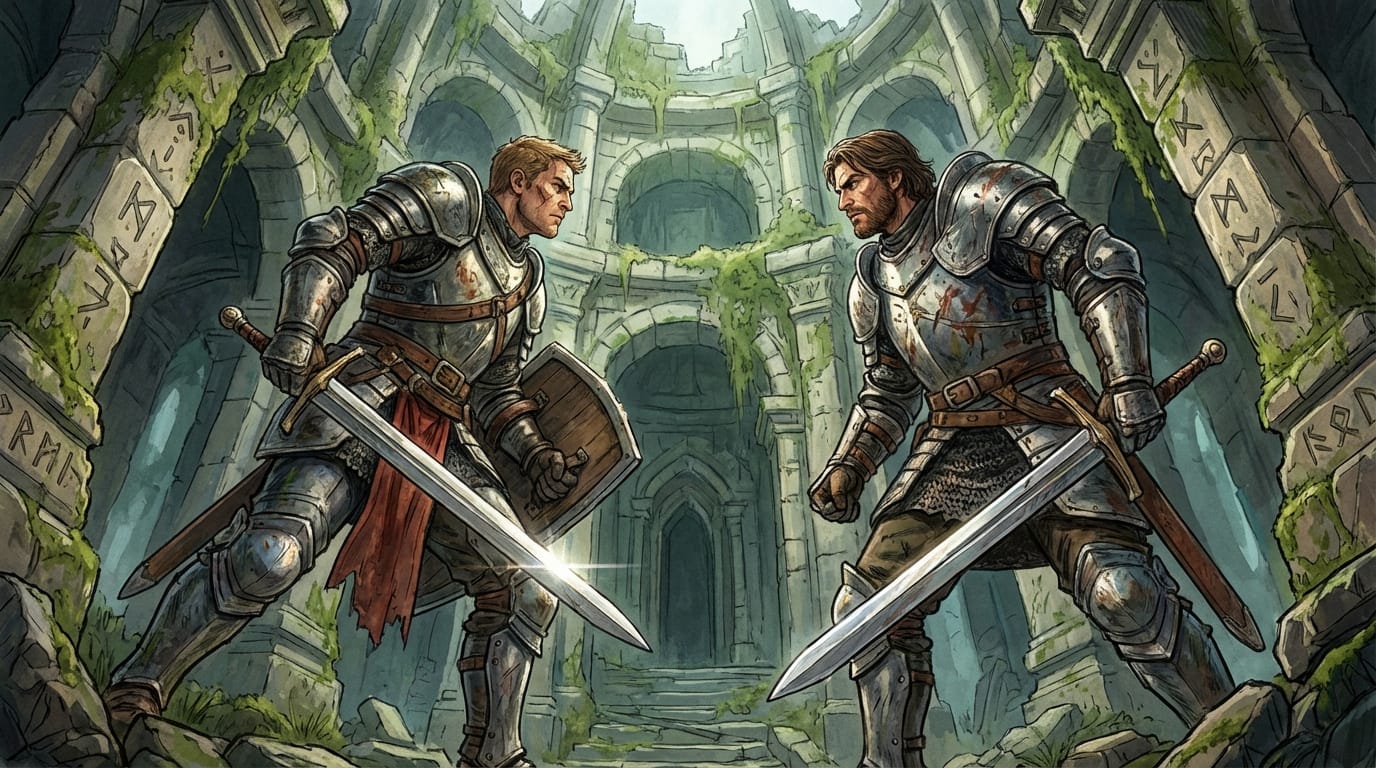 手描き感のあるリッチな画風。荒廃したファンタジー世界の遺跡。剣を構える二人の騎士。カメラは足元から見上げるようにクレーンショットで上昇し、緊迫した対峙の瞬間を捉える。光の反射などのエッジがクリアになります。