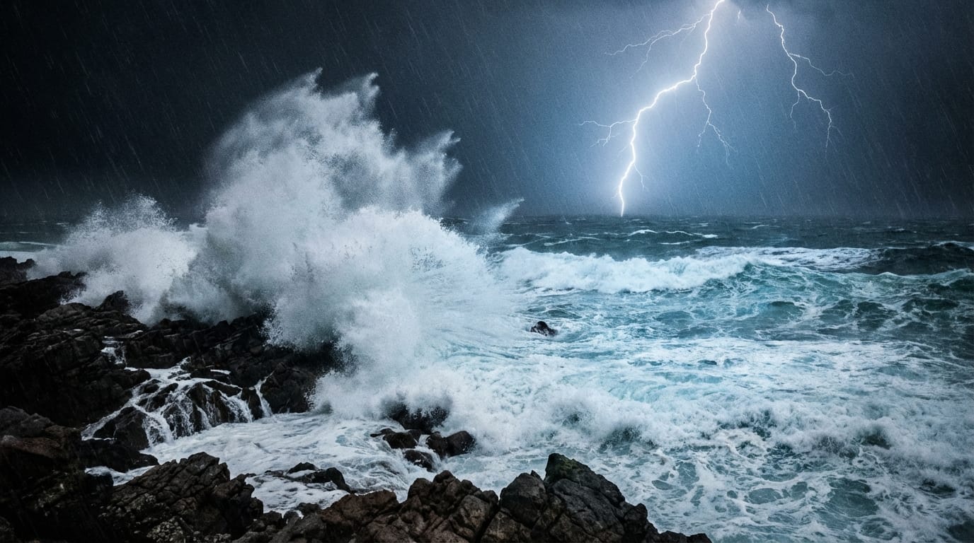 嵐の夜の海。巨大な波が荒々しくうねり、岩場に激突して白い水しぶきを上げる。空には稲妻が走り、一瞬だけ海面を青白く照らす。激しい波の音と雷鳴が空間全体に響き渡る。ドキュメンタリー映画のようなリアルな質感。