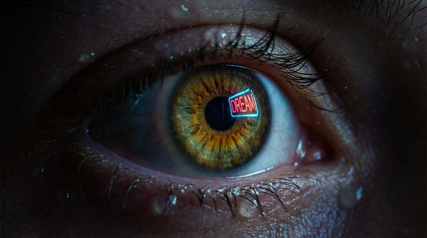 A dramatic slow-motion close-up of a person's eye reflecting a glowing neon sign, cinematic lighting, highly detailed texture