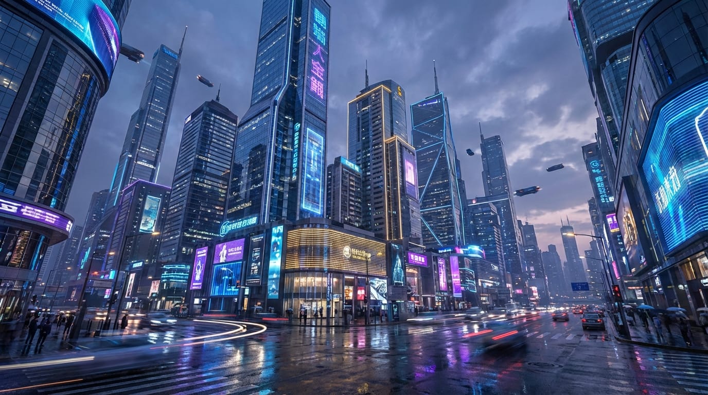 A cinematic wide shot of a futuristic cityscape at dusk, neon lights reflecting on wet streets, highly detailed, photorealistic